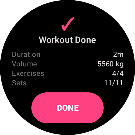 Wear OS app showing workout summary with stats